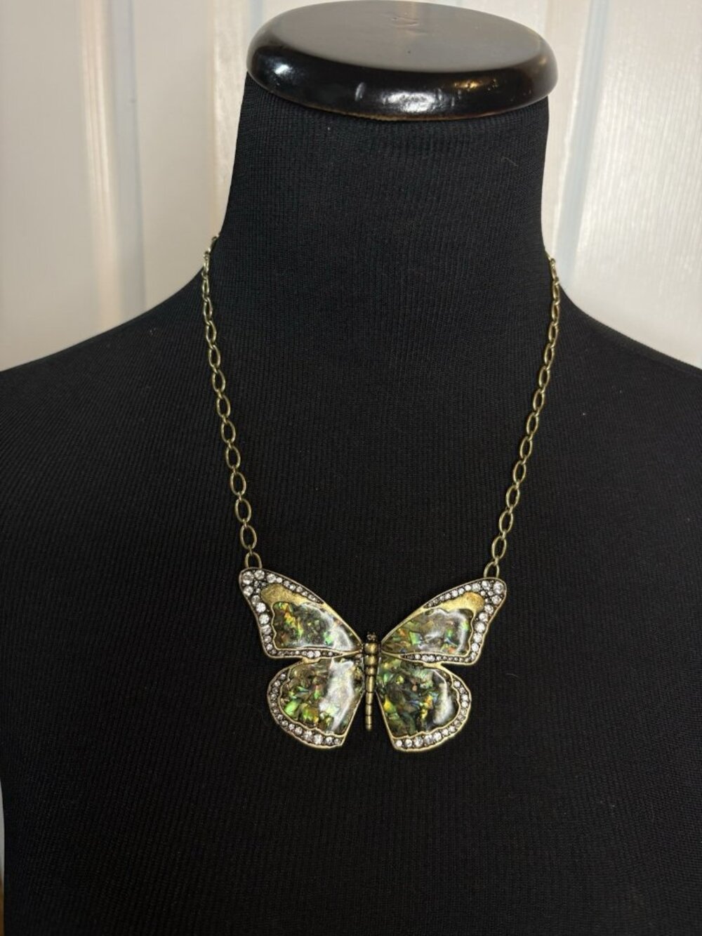 Fossil Butterfly Abalone MOP Pendant Chain Necklace Green Statement